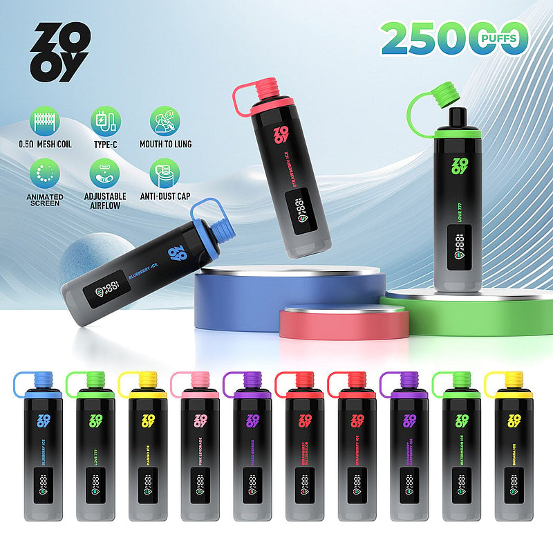ZOOY SHISHA 25K Puffs Airflow Ajustable Disposable Vape(0% to 5% Nicotine) with Animated Screen  650mAh battery 10 Flavors