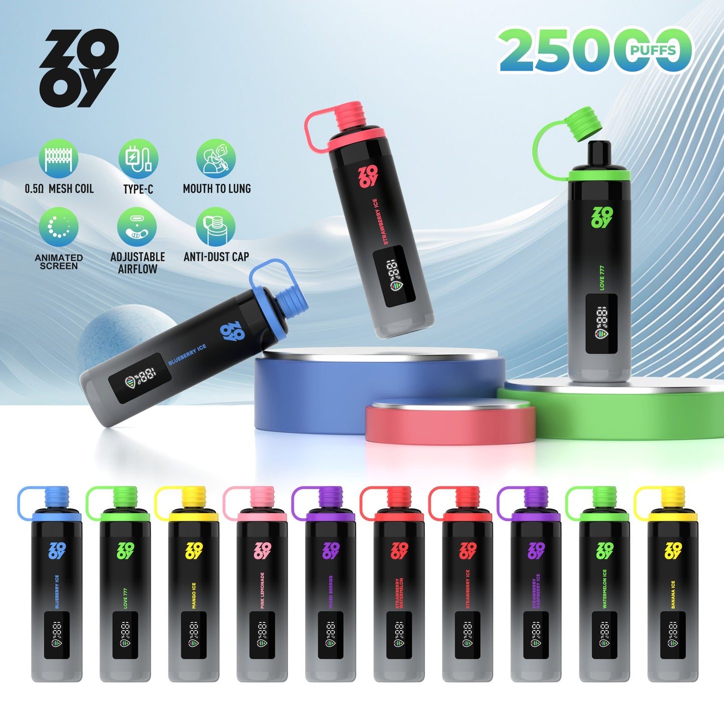 ZOOY SHISHA 25K Puffs Airflow Ajustable Disposable Vape(0% to 5% Nicotine) with Animated Screen  650mAh battery 10 Flavors
