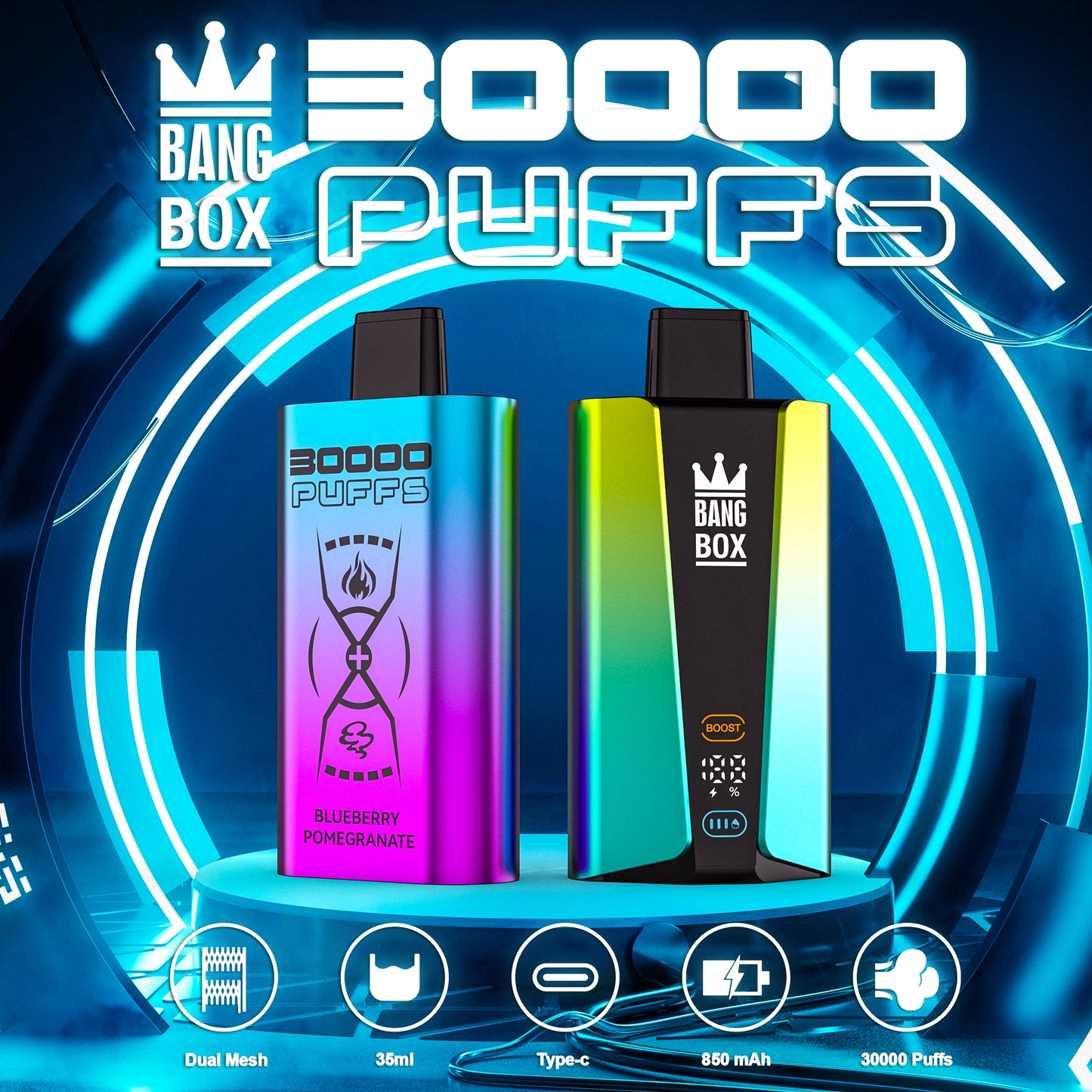 Bangbox 30000puff vape,LED Display capcity Batterya ,26ML 850MAH ,12 Flavor Display