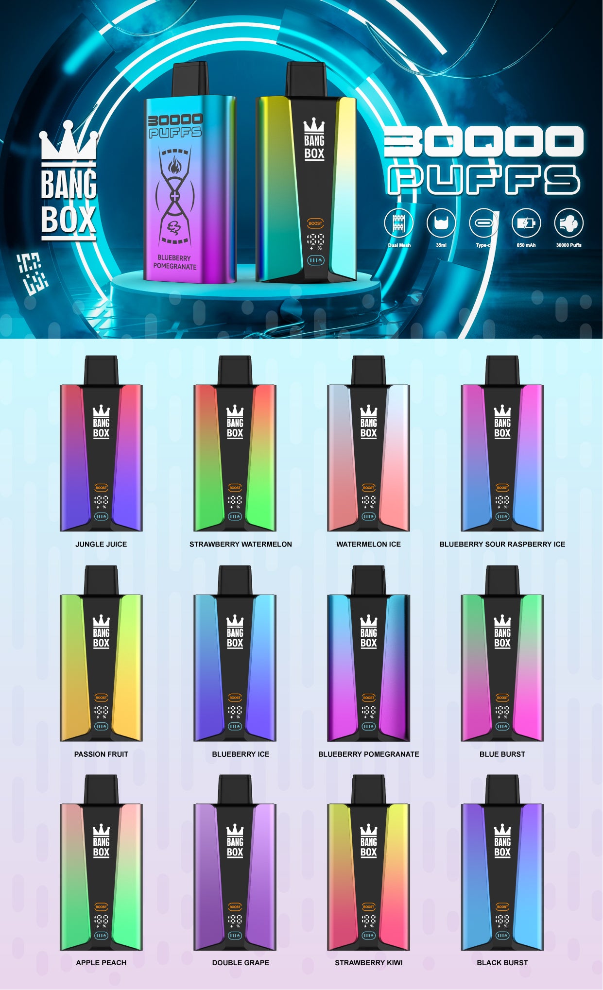 Bangbox 30000puff vape,LED Display capcity Batterya ,26ML 850MAH ,12 Flavor Display