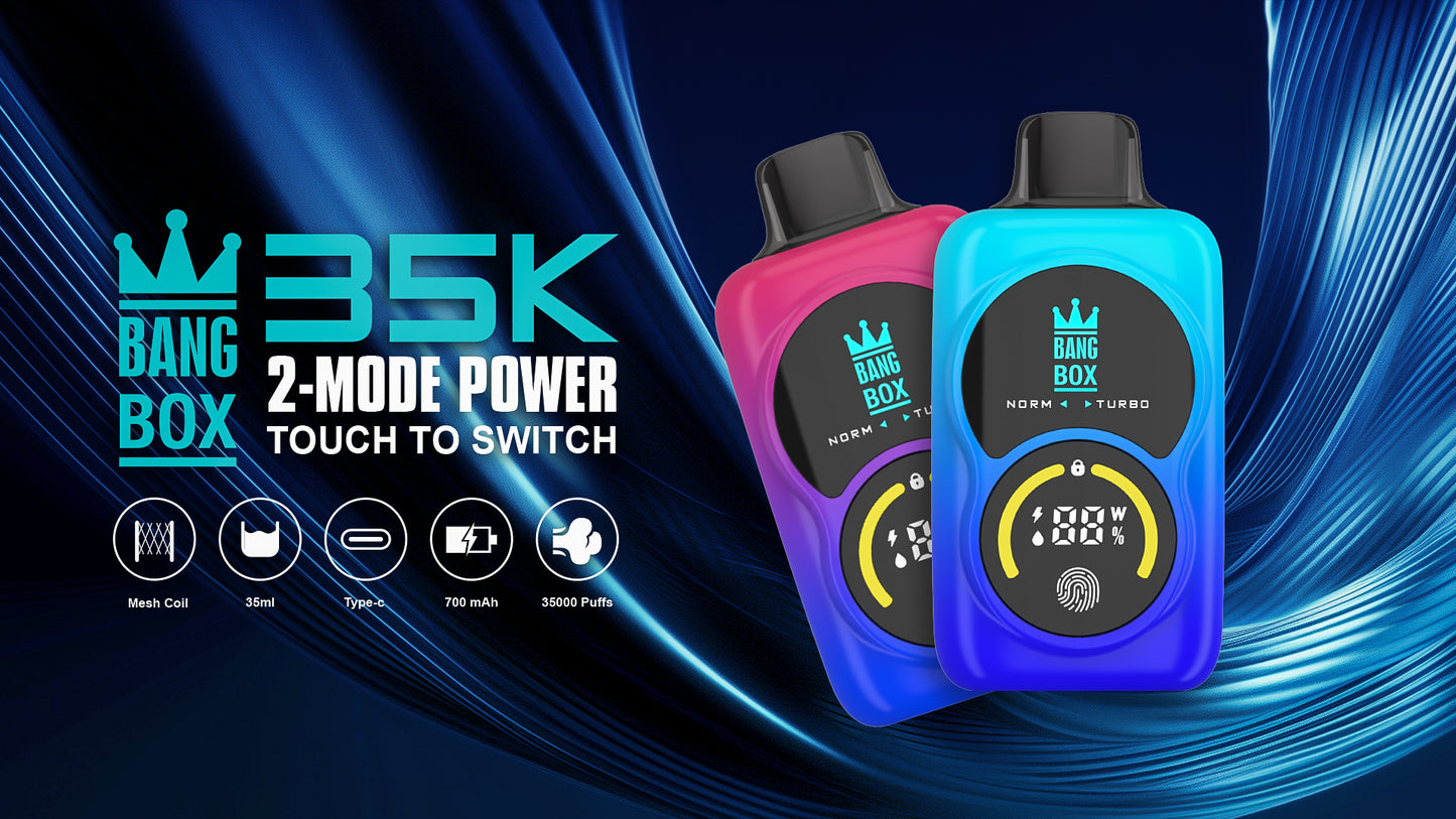 Bangbox 35000 Puffs vape 35K 2-Mode Power touch to switch LED Display capcity Batterya ,35ml 850MAH ,12 Flavor Display