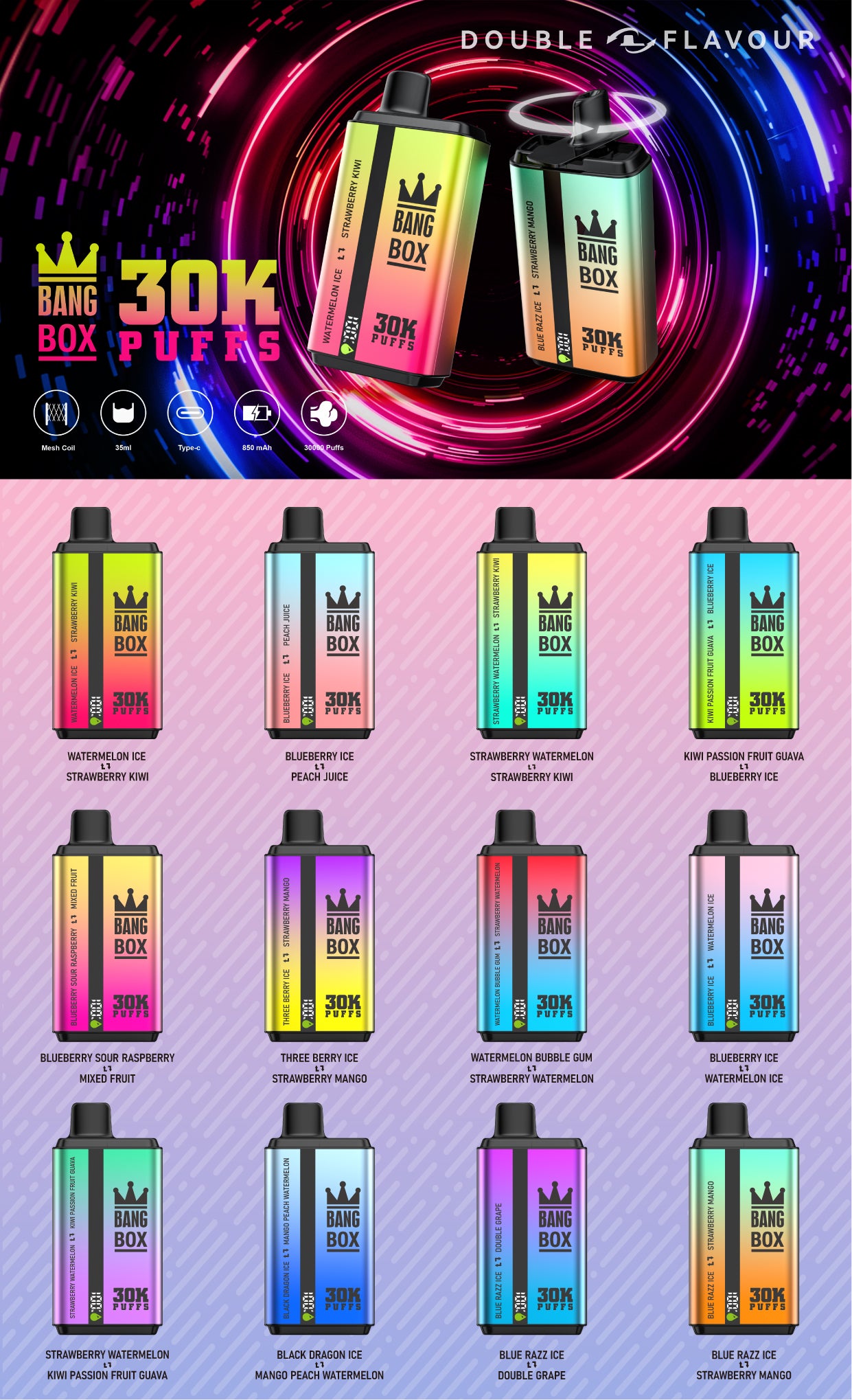 BANGBOX 30000 puffs dual flavors vape,LED Display capcity Batterya ,35ml 850MAH ,12 Flavor Display