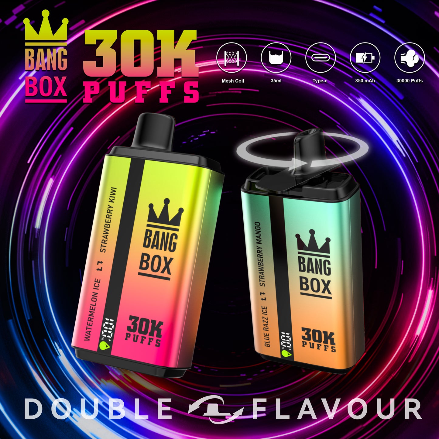 BANGBOX 30000 puffs dual flavors vape,LED Display capcity Batterya ,35ml 850MAH ,12 Flavor Display