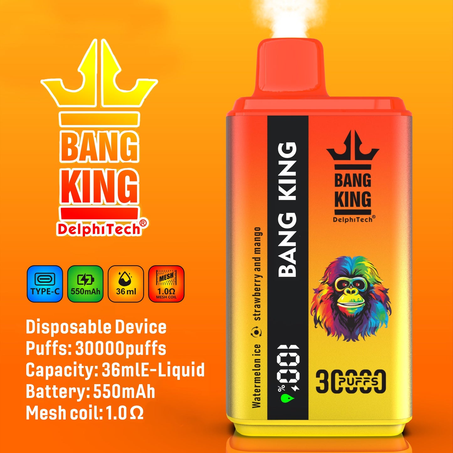 BANG KING 30000Puffs DisposableVape Wholesale-550mAh Battery, 36ml E-liquid, Multiple Nicotine 12 Flavors