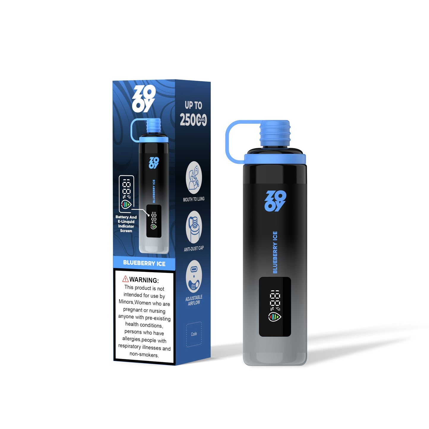 ZOOY SHISHA 25K Puffs Airflow Ajustable Disposable Vape(0% to 5% Nicotine) with Animated Screen  650mAh battery 10 Flavors