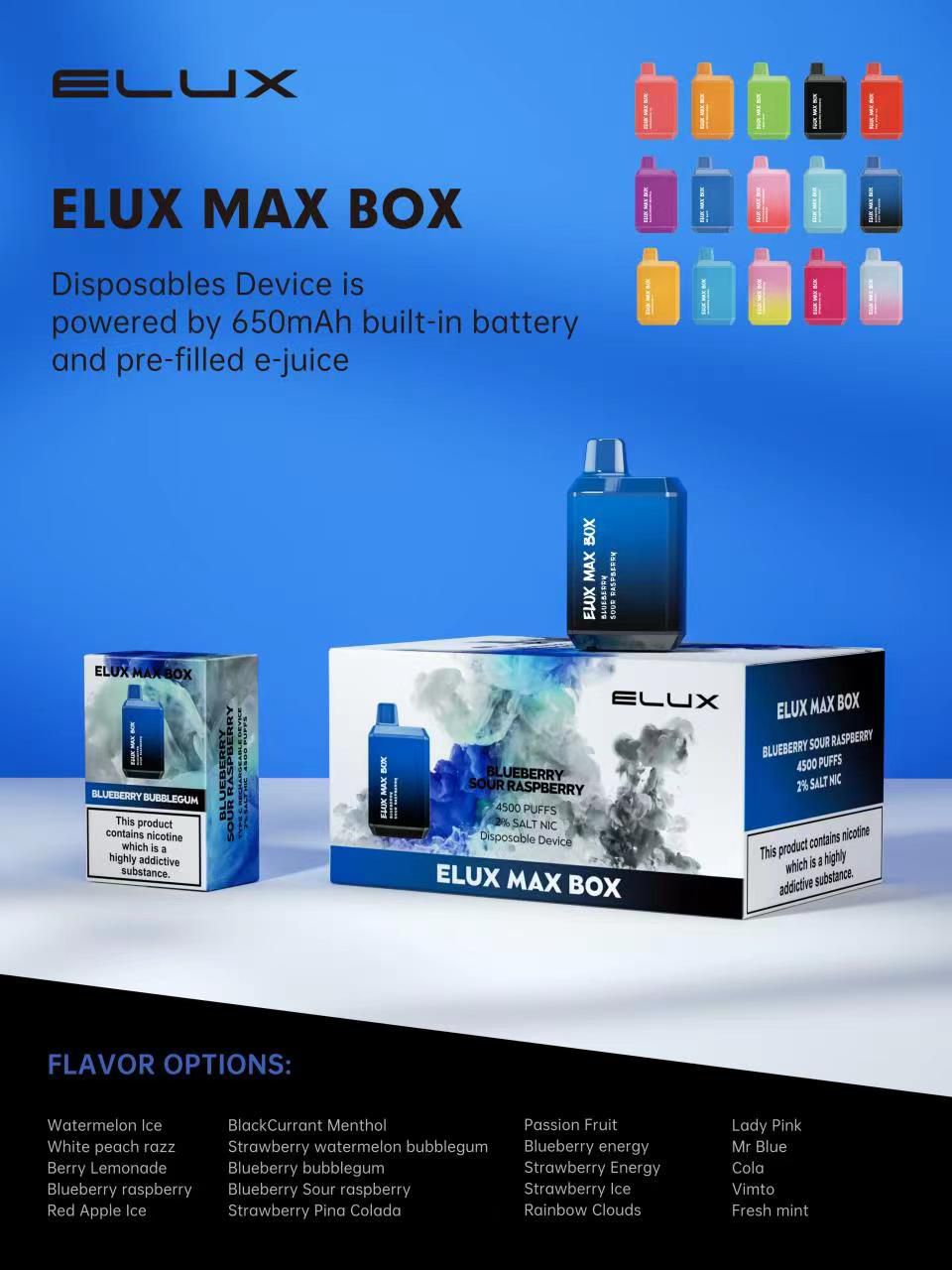 Elux Max BOX 4500 Disposable Vape Pod Device 650 mah 2ml 20 mg ( 10 Bundle Pack )