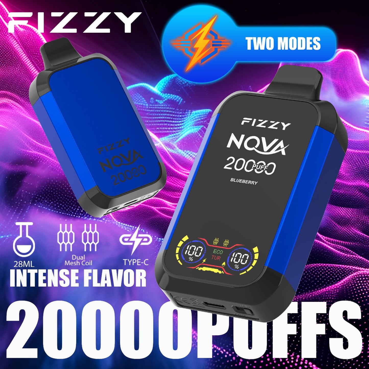 Fizzy Nova 20000 Puffs Disposable Vape | Dual Mesh Coil, 28ML E-liquid, LCD Screen, Eco/Turbo Mode