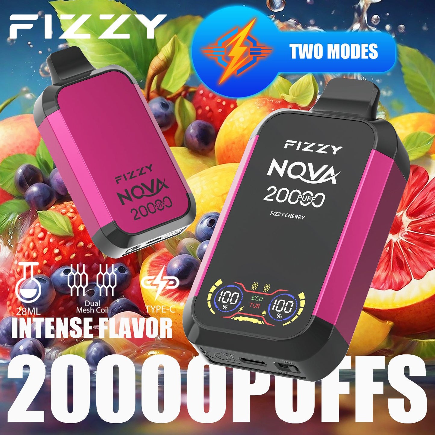 Fizzy Nova 20000 Puffs Disposable Vape | Dual Mesh Coil, 28ML E-liquid, LCD Screen, Eco/Turbo Mode