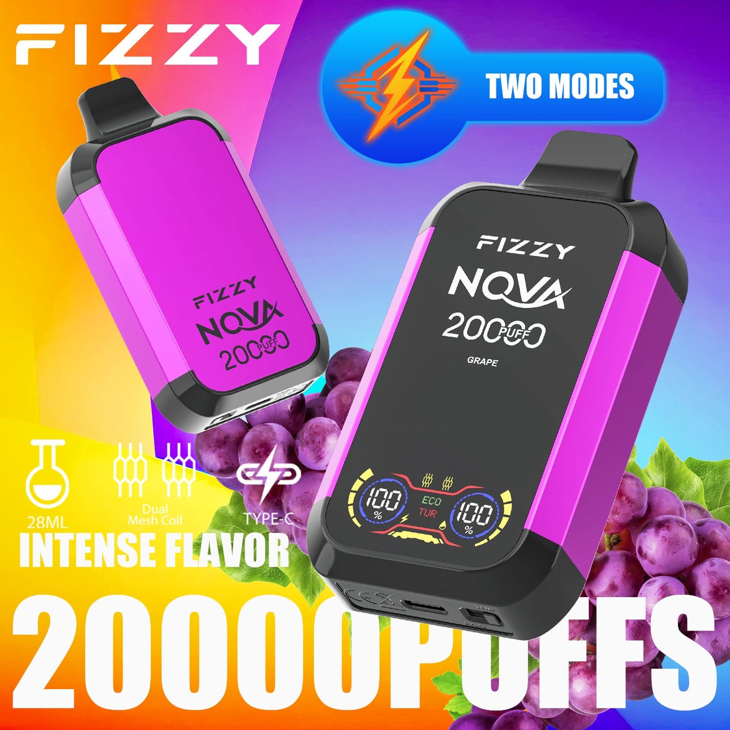 Fizzy Nova 20000 Puffs Disposable Vape | Dual Mesh Coil, 28ML E-liquid, LCD Screen, Eco/Turbo Mode