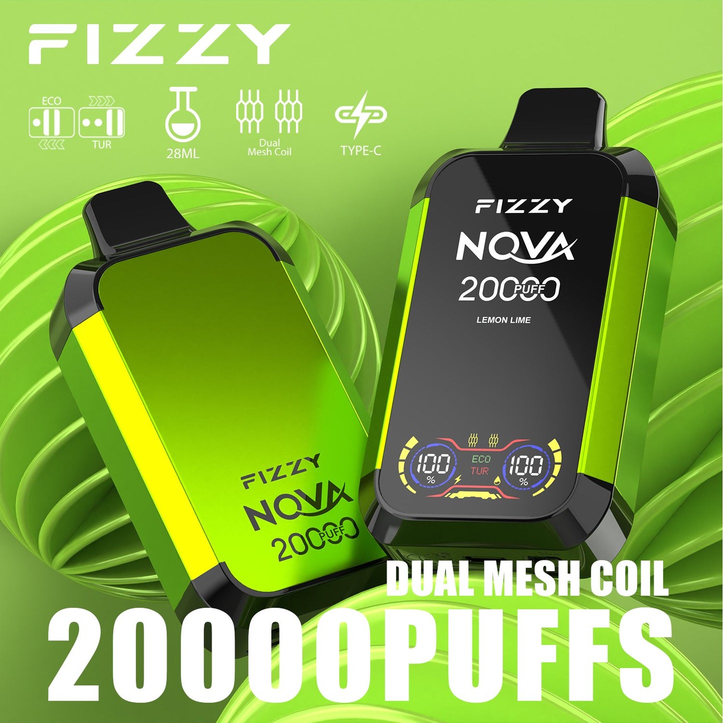 Fizzy Nova 20000 Puffs Disposable Vape | Dual Mesh Coil, 28ML E-liquid, LCD Screen, Eco/Turbo Mode