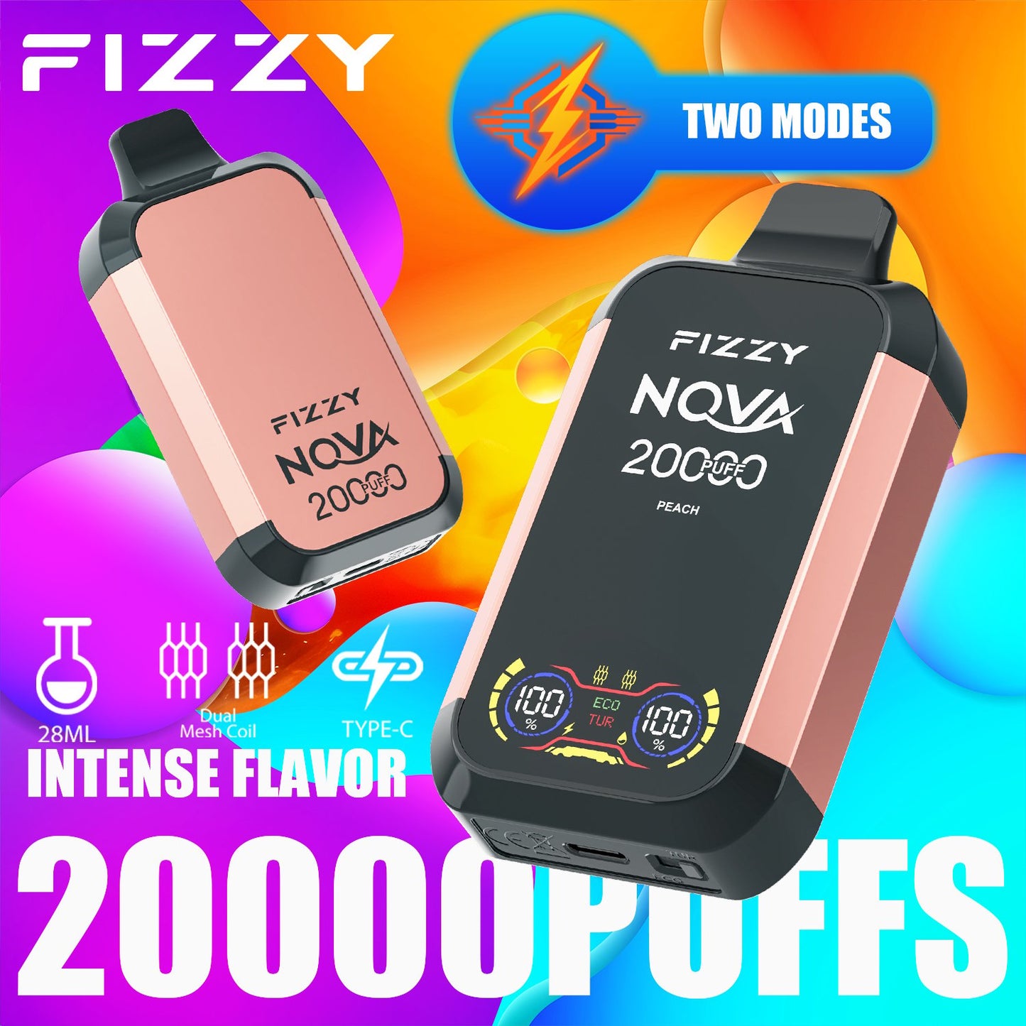Fizzy Nova 20000 Puffs Disposable Vape | Dual Mesh Coil, 28ML E-liquid, LCD Screen, Eco/Turbo Mode