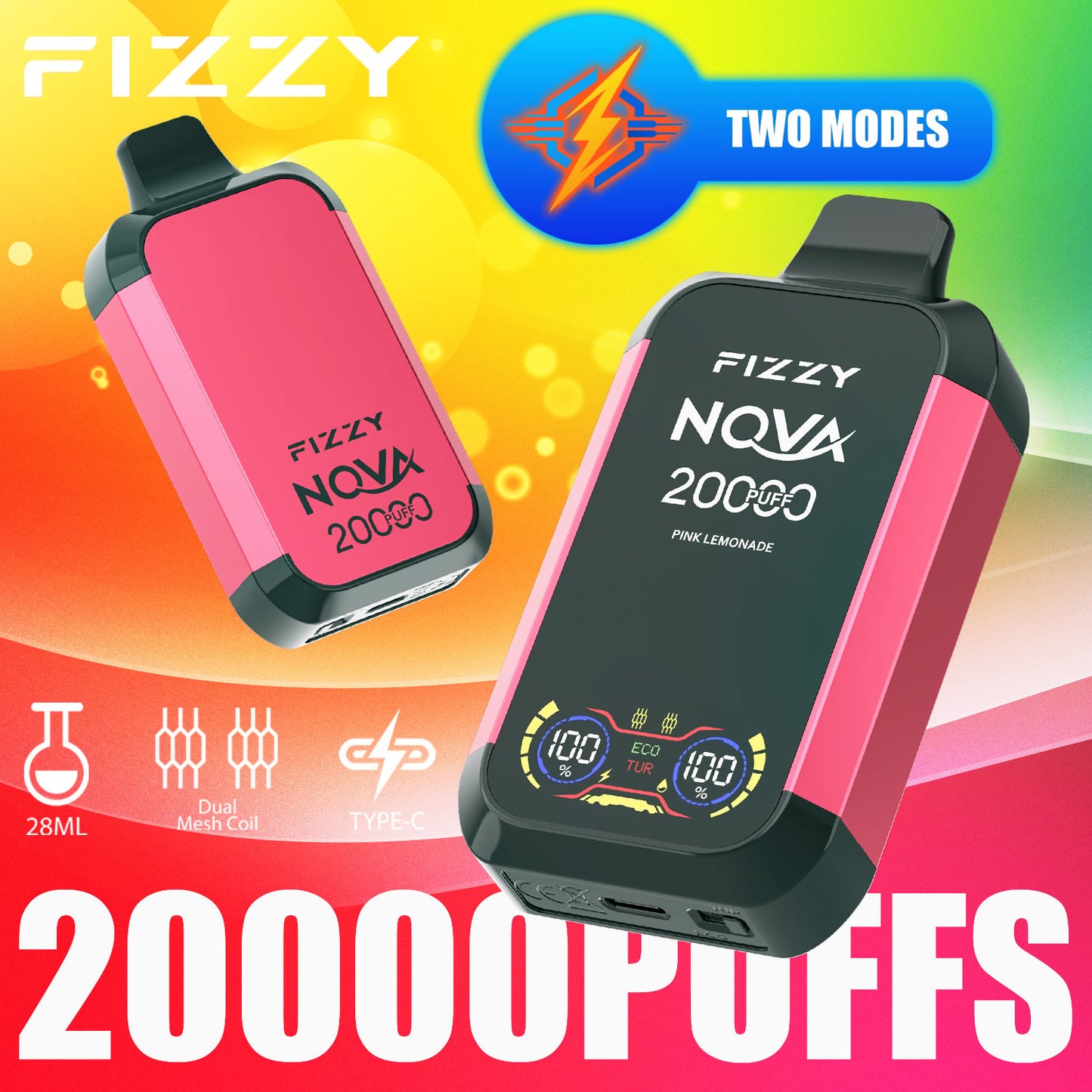 Fizzy Nova 20000 Puffs Disposable Vape | Dual Mesh Coil, 28ML E-liquid, LCD Screen, Eco/Turbo Mode