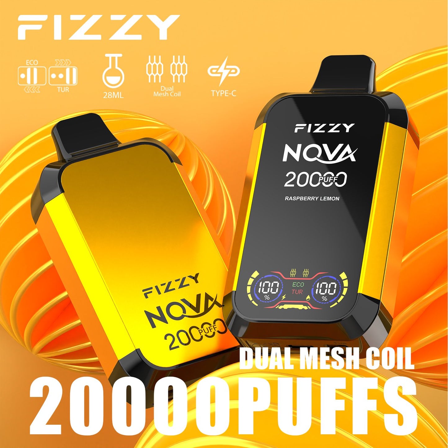 Fizzy Nova 20000 Puffs Disposable Vape | Dual Mesh Coil, 28ML E-liquid, LCD Screen, Eco/Turbo Mode