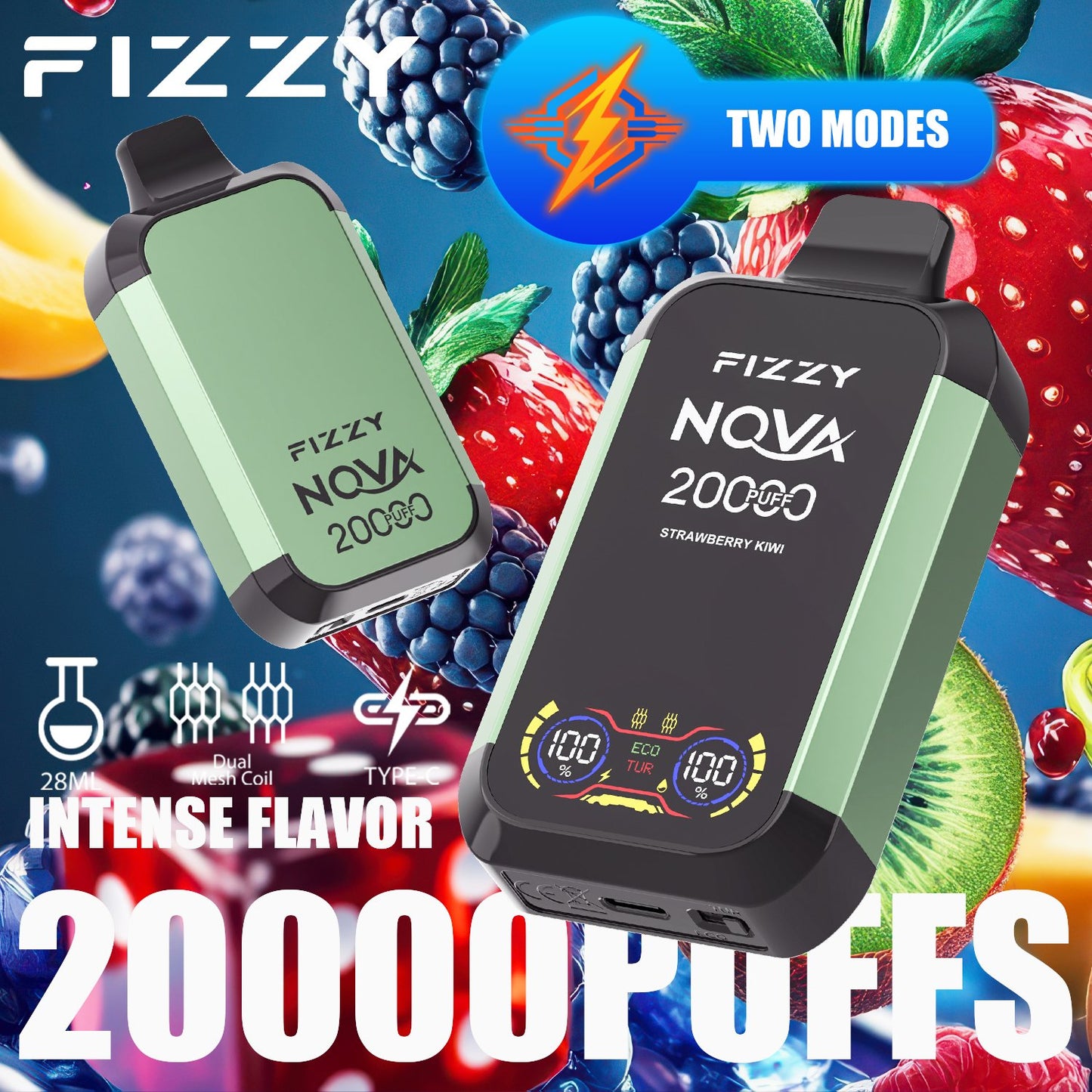 Fizzy Nova 20000 Puffs Disposable Vape | Dual Mesh Coil, 28ML E-liquid, LCD Screen, Eco/Turbo Mode