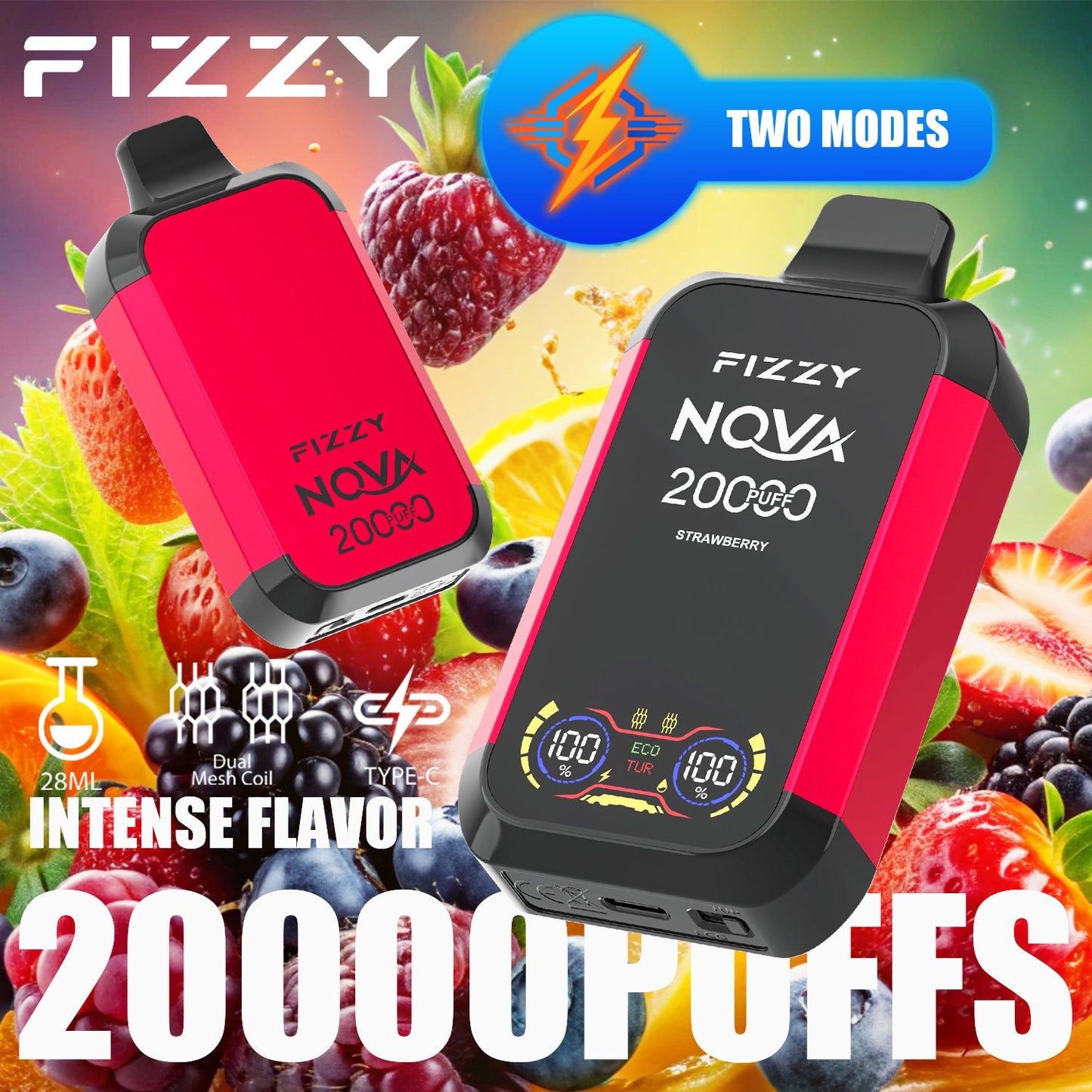 Fizzy Nova 20000 Puffs Disposable Vape | Dual Mesh Coil, 28ML E-liquid, LCD Screen, Eco/Turbo Mode