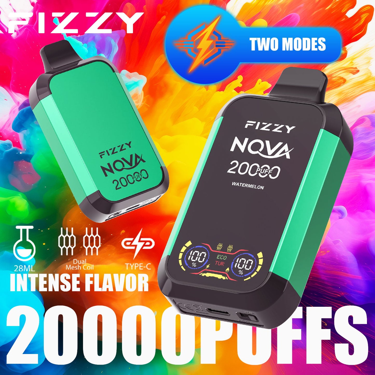 Fizzy Nova 20000 Puffs Disposable Vape | Dual Mesh Coil, 28ML E-liquid, LCD Screen, Eco/Turbo Mode