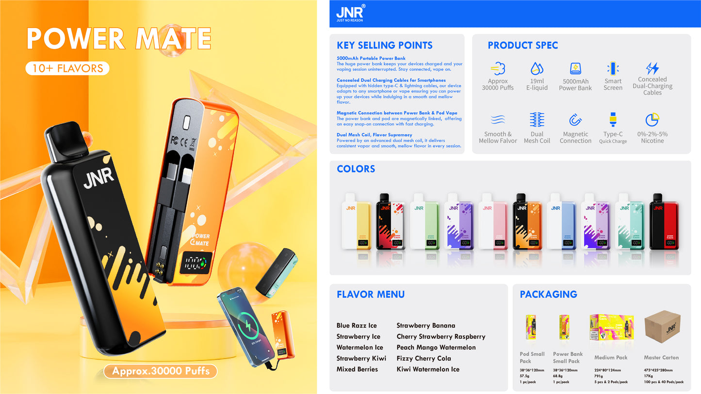 JNR  PowerMate  30000 Puffs 2% Nicotine  Pod Vape & PowerBank