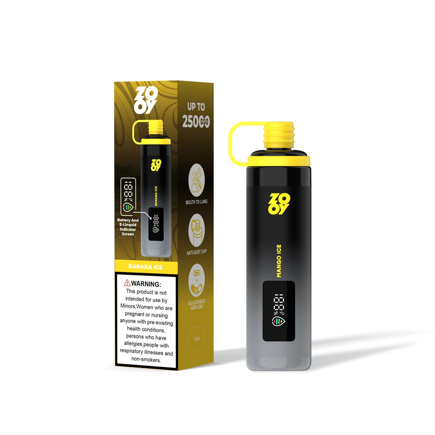 ZOOY SHISHA 25K Puffs Airflow Ajustable Disposable Vape(0% to 5% Nicotine) with Animated Screen  650mAh battery 10 Flavors