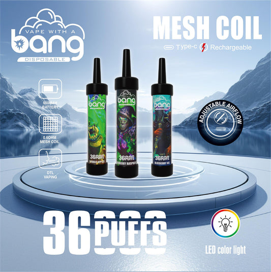 Bang Original 36000 Puffs With Sub Ohm Mesh Coils Dtl Disposable Vape Device E-Cigarette-650mAh Battery, 40ml E-liquid, Multiple Nicotine 12 Flavors