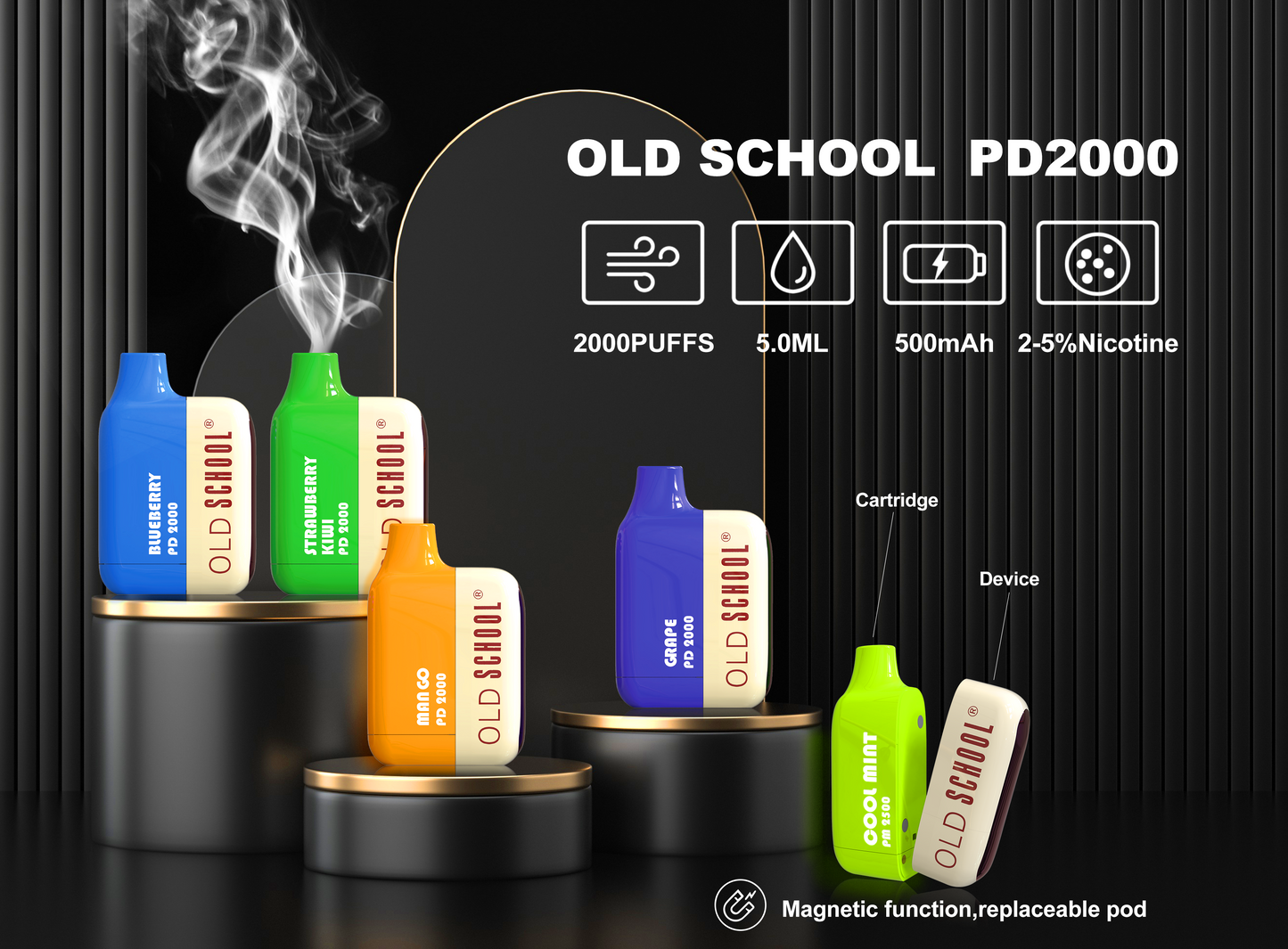 OLD School PD2000 Puffs Disposable Vape Wholesale-500mAh battery, 5ml E-liquid, Multiple Nicotine 10 Flavors