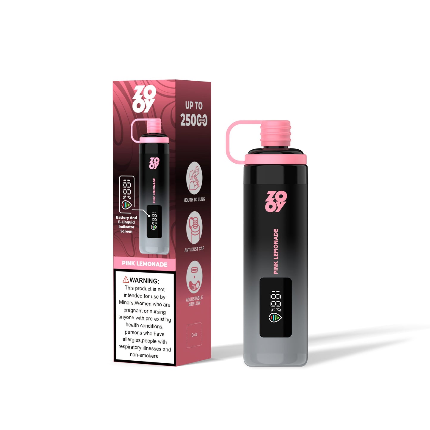 ZOOY SHISHA 25K Puffs Airflow Ajustable Disposable Vape(0% to 5% Nicotine) with Animated Screen  650mAh battery 10 Flavors