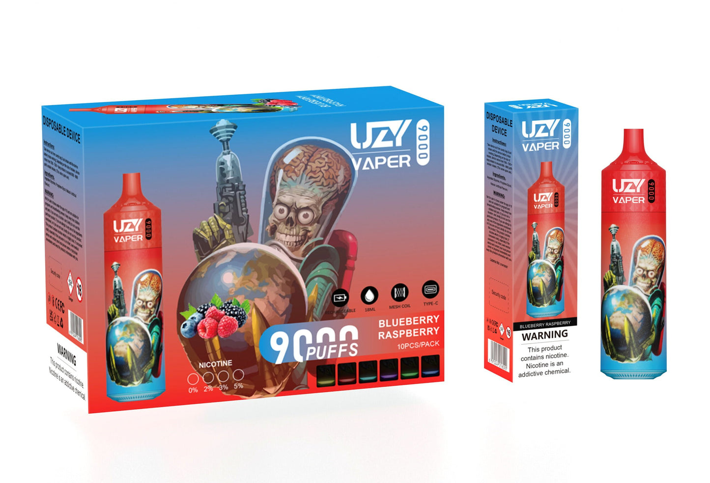 UZY Vaper 9000 Puffs  0% 2% 3% 5% Nicotine Rechargeable Disposable Pod