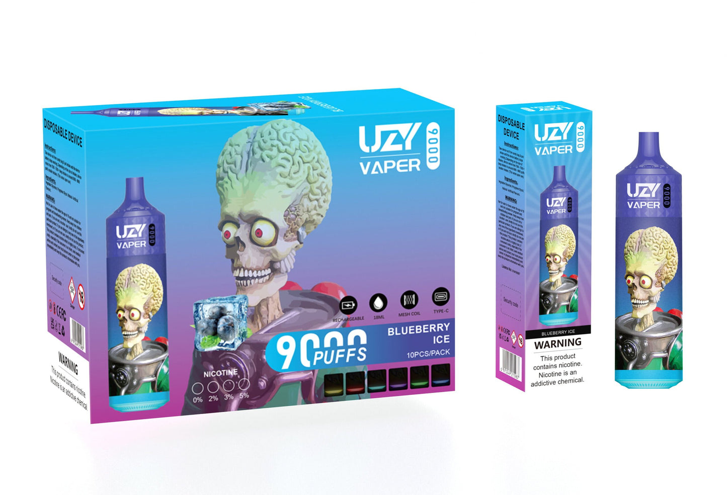 UZY Vaper 9000 Puffs  0% 2% 3% 5% Nicotine Rechargeable Disposable Pod