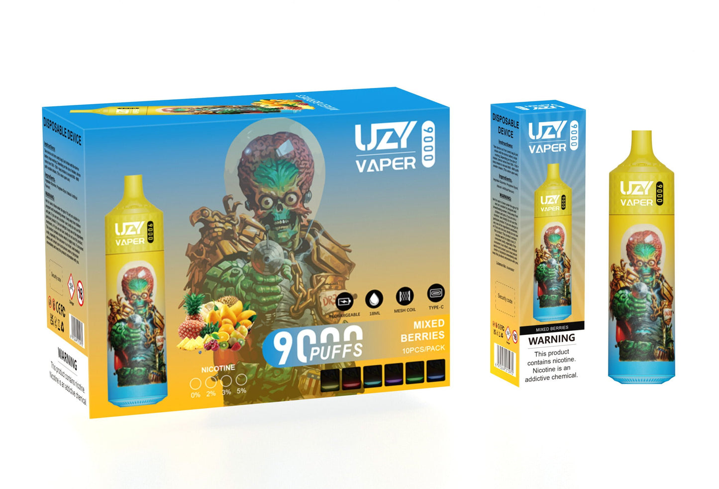 UZY Vaper 9000 Puffs  0% 2% 3% 5% Nicotine Rechargeable Disposable Pod
