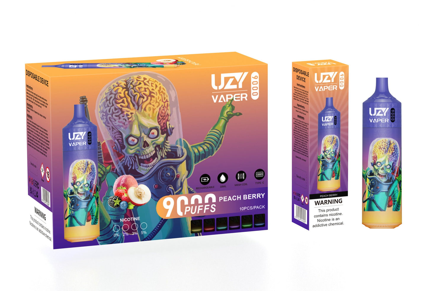 UZY Vaper 9000 Puffs  0% 2% 3% 5% Nicotine Rechargeable Disposable Pod