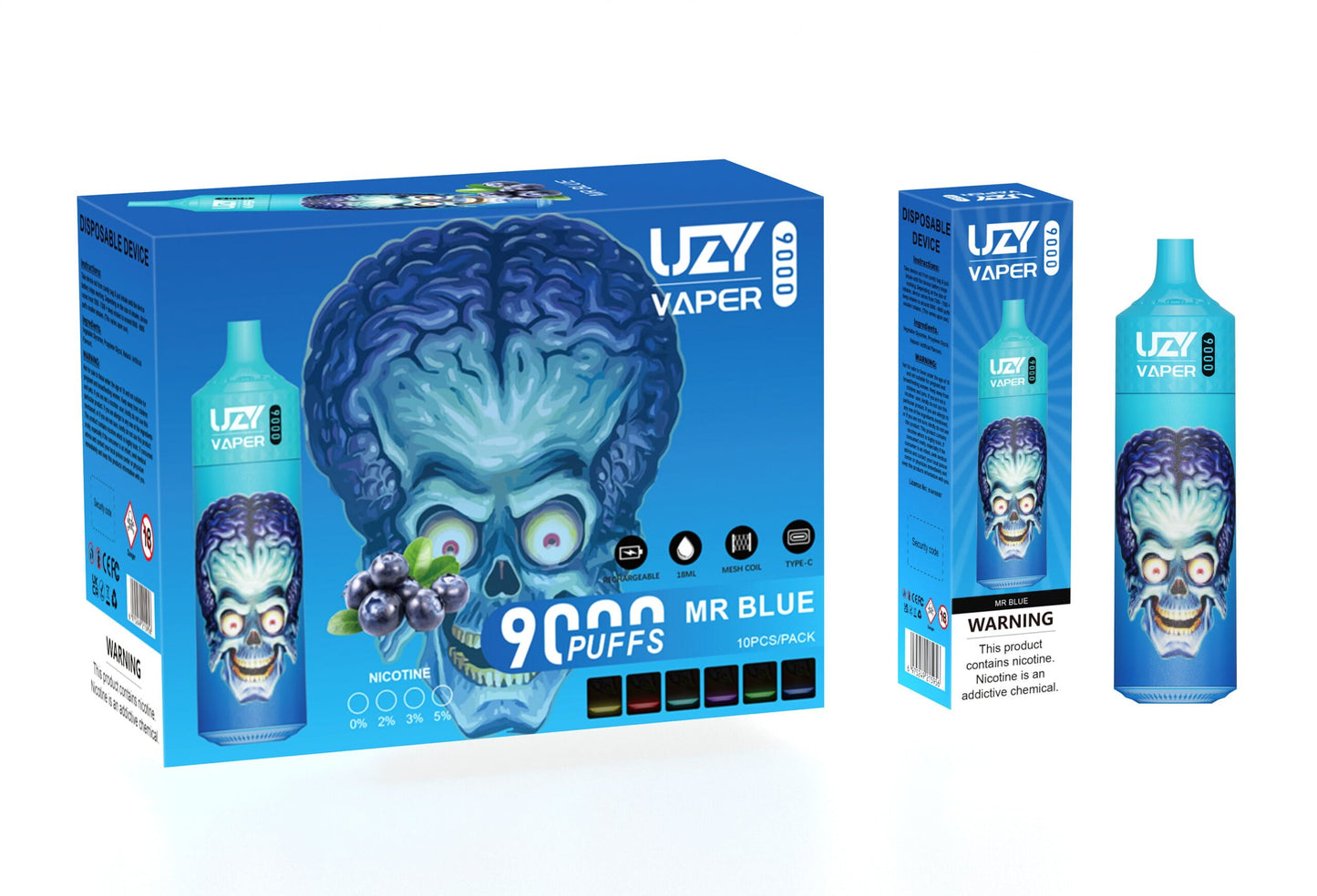 UZY Vaper 9000 Puffs  0% 2% 3% 5% Nicotine Rechargeable Disposable Pod