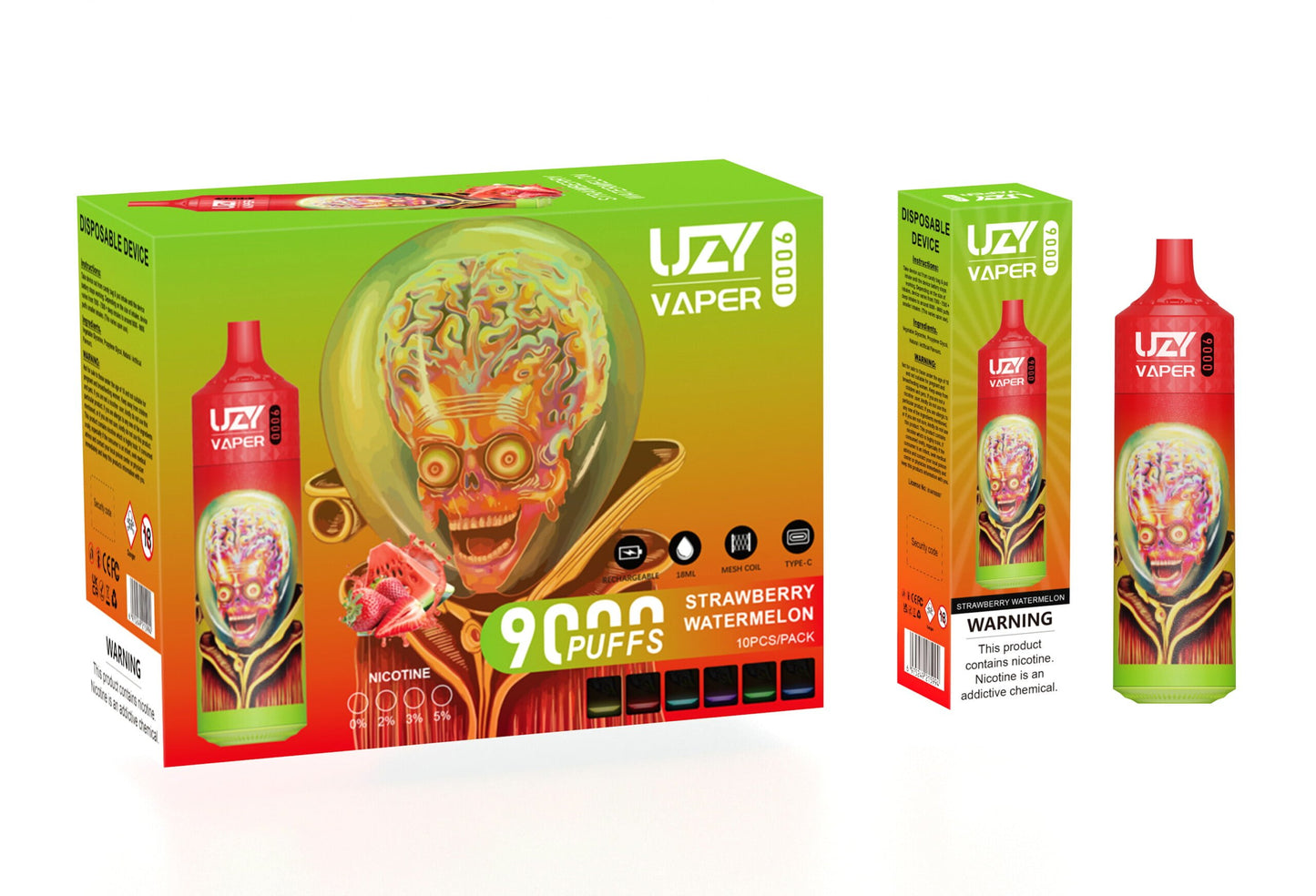 UZY Vaper 9000 Puffs  0% 2% 3% 5% Nicotine Rechargeable Disposable Pod