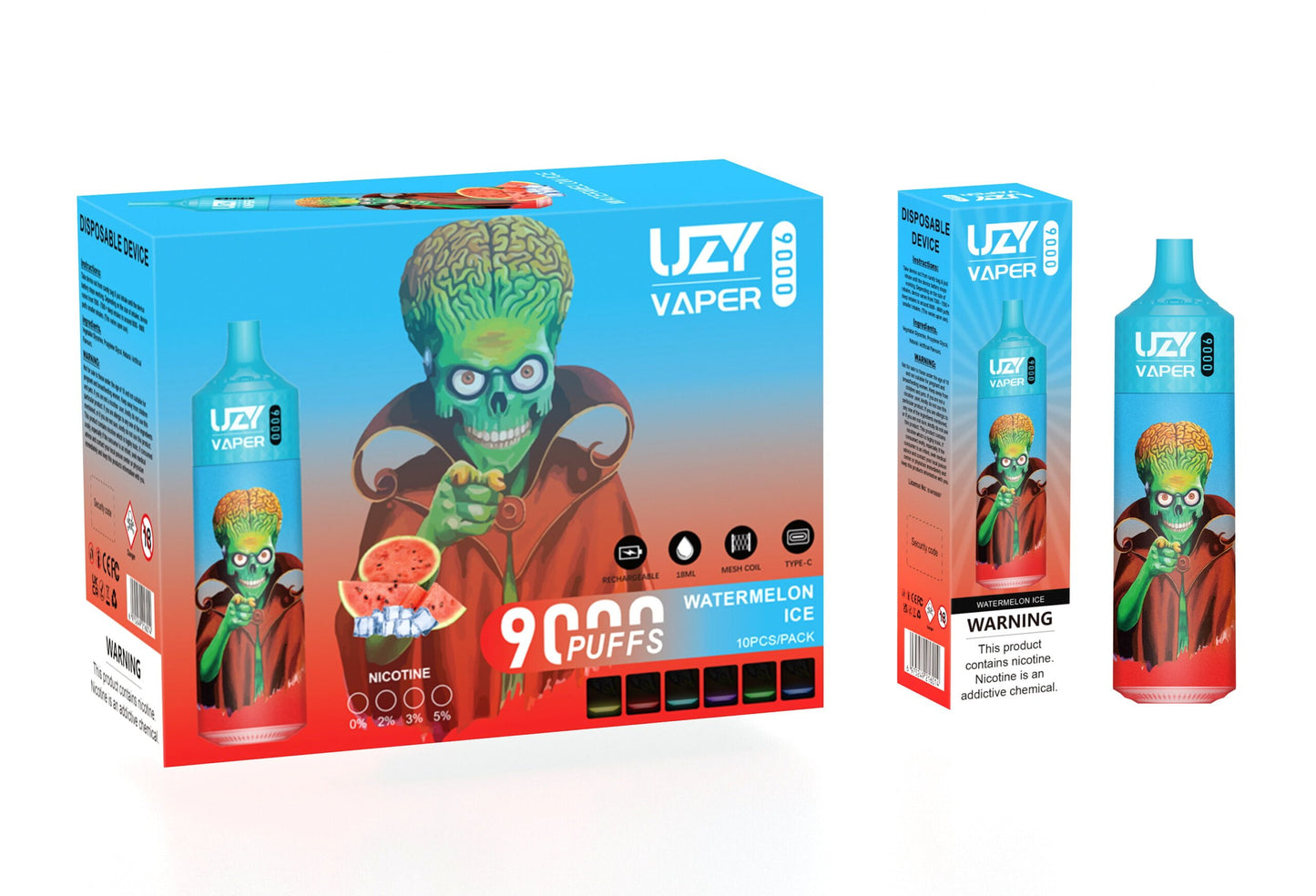 UZY Vaper 9000 Puffs  0% 2% 3% 5% Nicotine Rechargeable Disposable Pod
