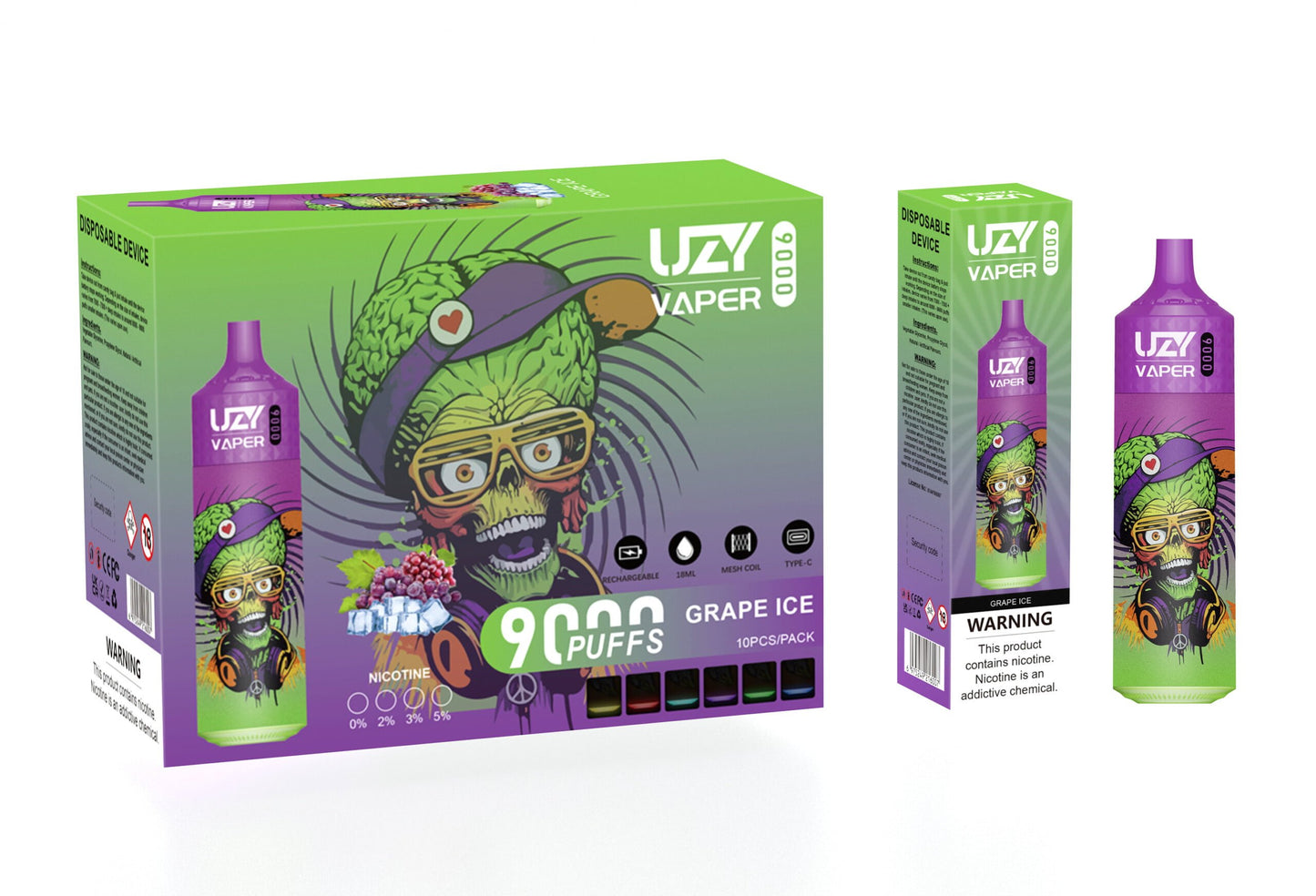 UZY Vaper 9000 Puffs  0% 2% 3% 5% Nicotine Rechargeable Disposable Pod