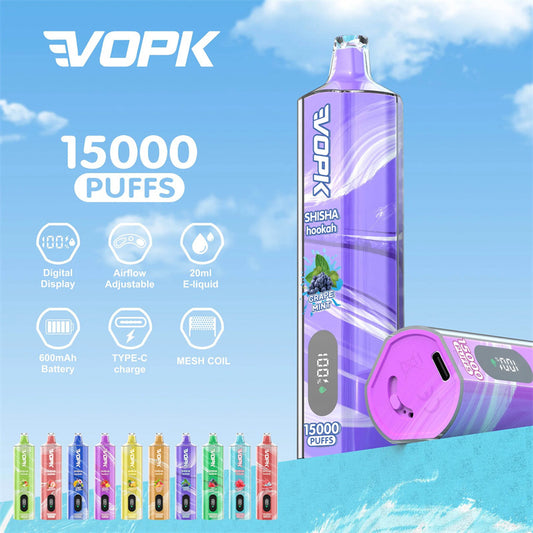 Disposable Vape Pen Vopk Shisha 15000puffs Digital Screen Rechargeable Type-C Preheat 600mAh Battery
