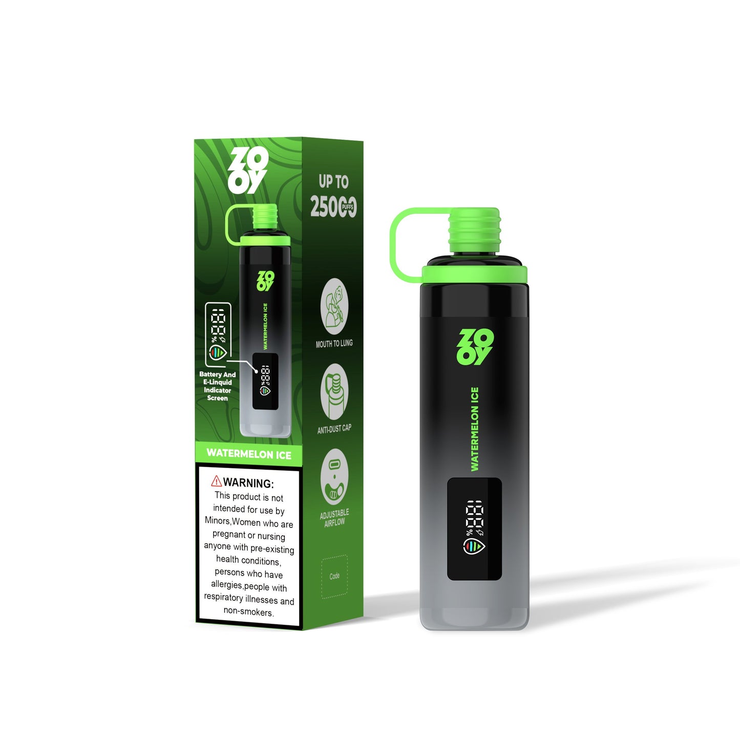 ZOOY SHISHA 25K Puffs Airflow Ajustable Disposable Vape(0% to 5% Nicotine) with Animated Screen  650mAh battery 10 Flavors
