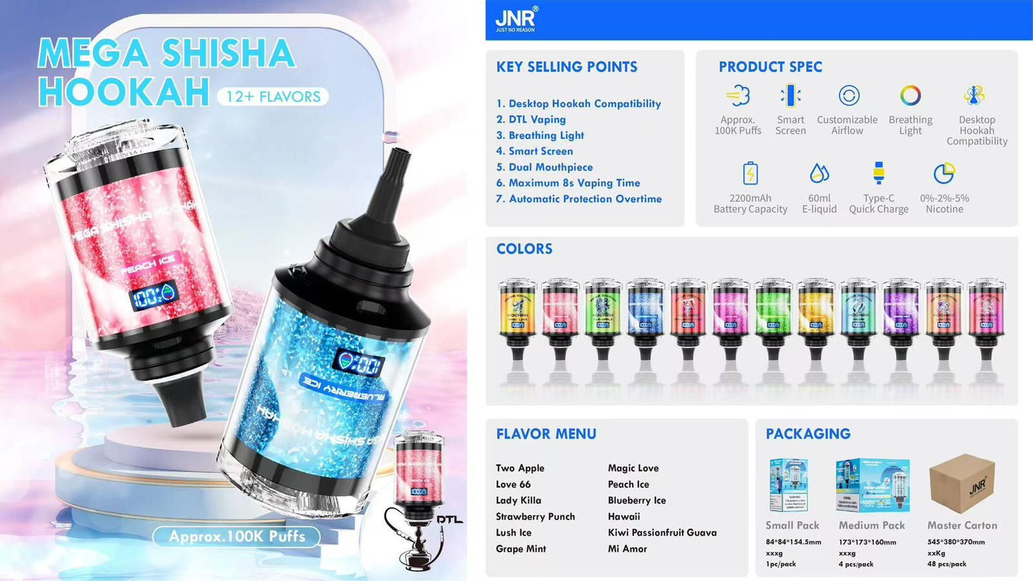 JNR Mega Shisha Hookah 100K Disposable Vape 60ml 2% (Box of 4) 12 Flavors