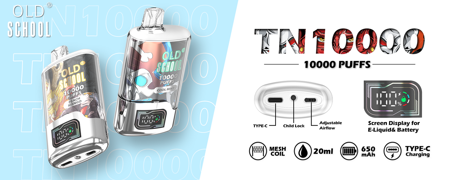 OLD School TN10000 Puffs Disposable Vape Wholesale-650mAh battery, 20ml E-liquid, Multiple Nicotine 10 Flavors