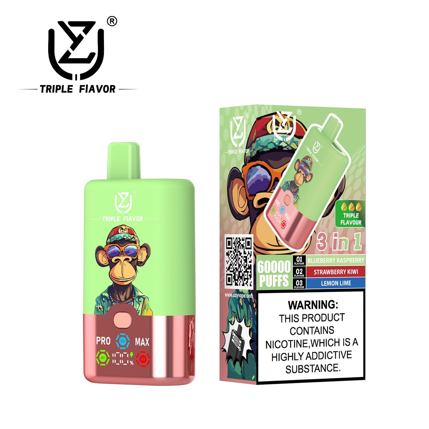 UZY Triple Flavor 60000 Puffs Vape 3 in 1 Disposable E Cigarette with Smart LED Display