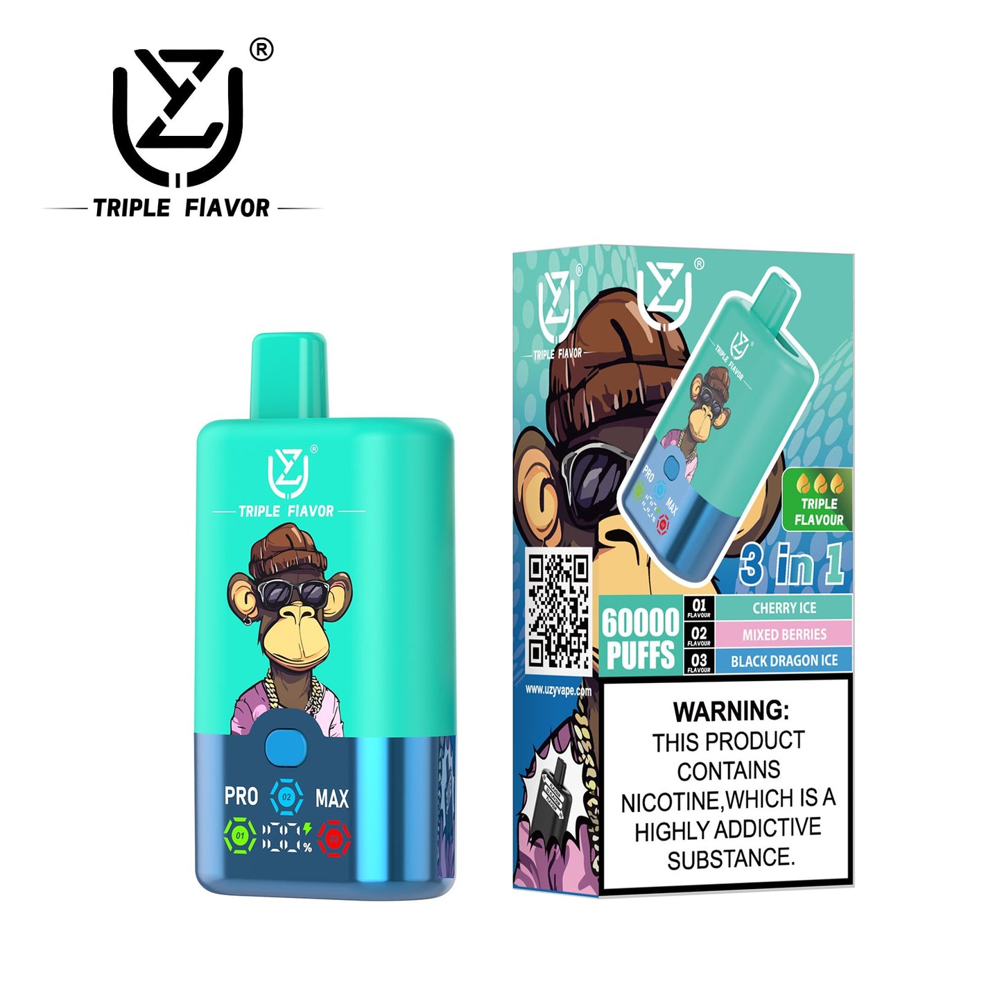 UZY Triple Flavor 60000 Puffs Vape 3 in 1 Disposable E Cigarette with Smart LED Display