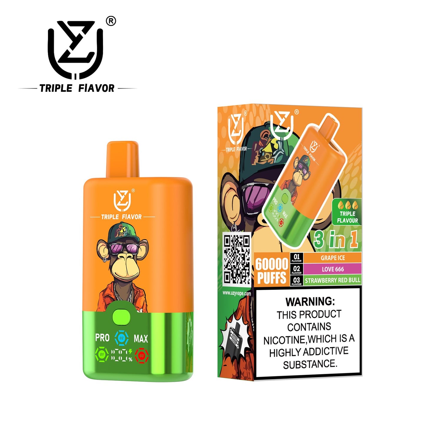 UZY Triple Flavor 60000 Puffs Vape 3 in 1 Disposable E Cigarette with Smart LED Display