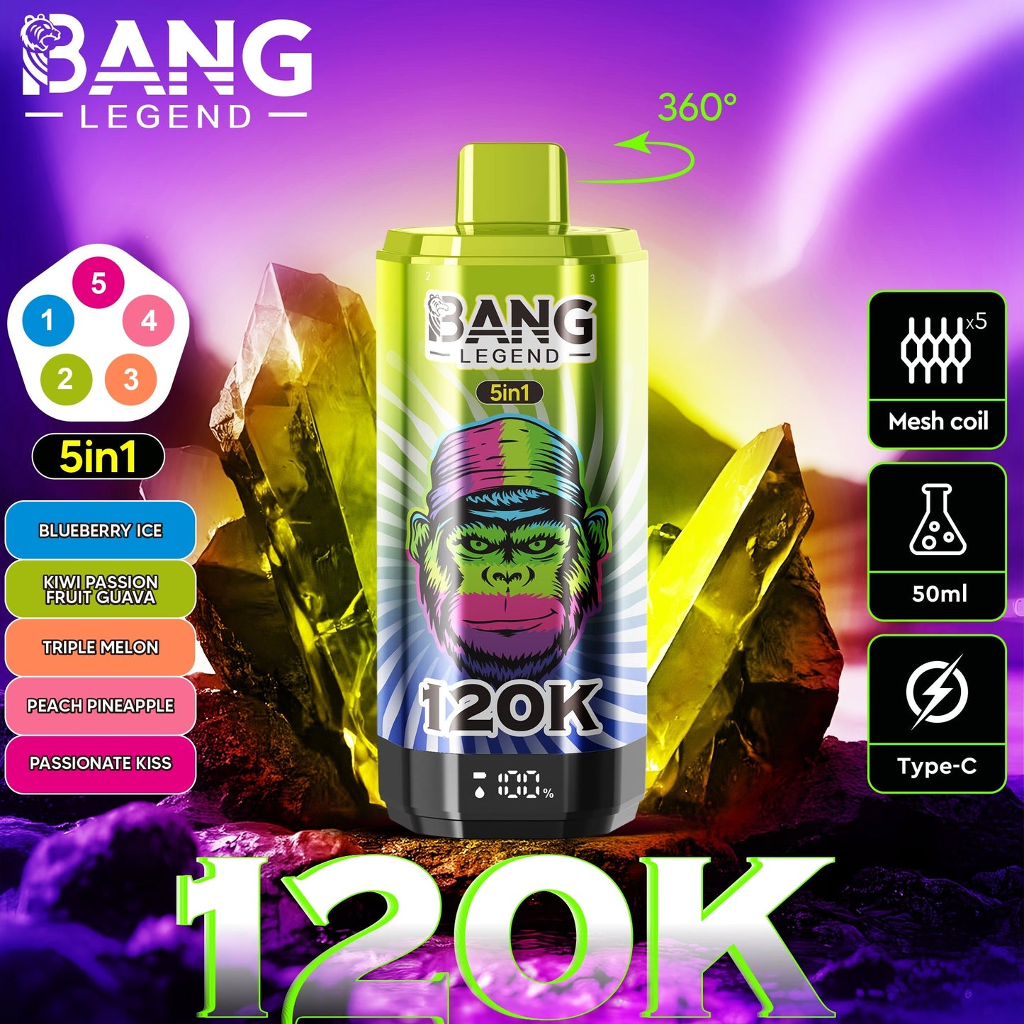 Bang Legend 120K – The Ultimate 5-in-1 Disposable Vape | 120,000 Puffs | Adjustable Triple Flavors | Nebula Burst