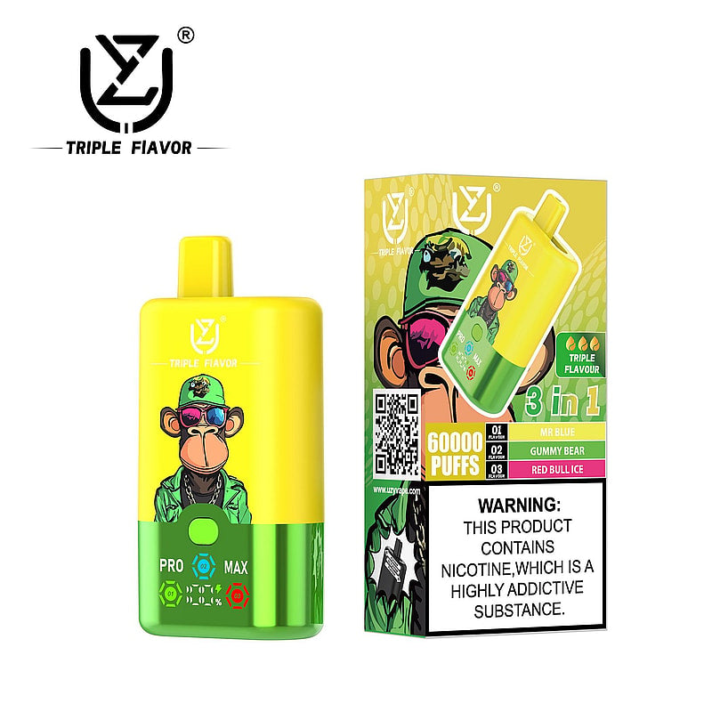UZY Triple Flavor 60000 Puffs Vape 3 in 1 Disposable E Cigarette with Smart LED Display