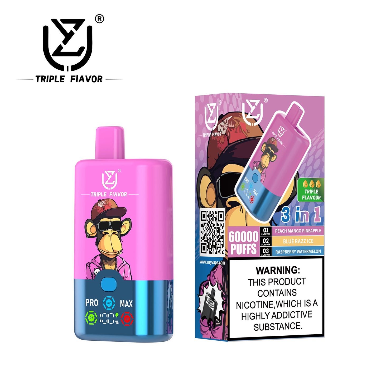 UZY Triple Flavor 60000 Puffs Vape 3 in 1 Disposable E Cigarette with Smart LED Display