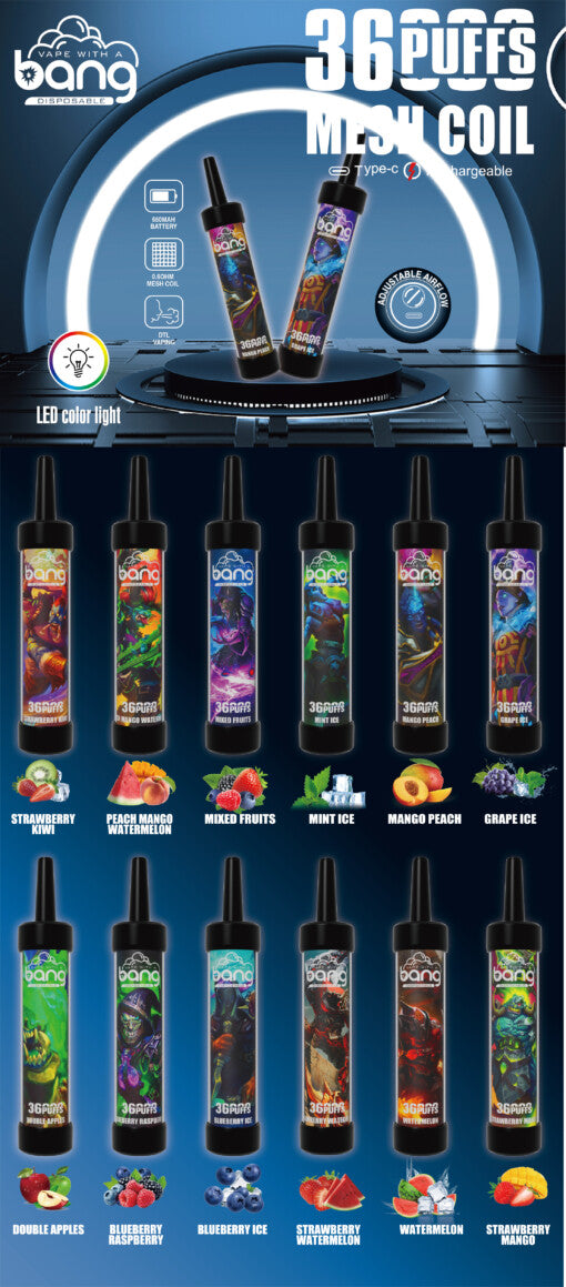 Bang 36000 Puffs Disposable Vape -650mAh Battery, 40ml E-liquid, Multiple Nicotine 12 Flavors