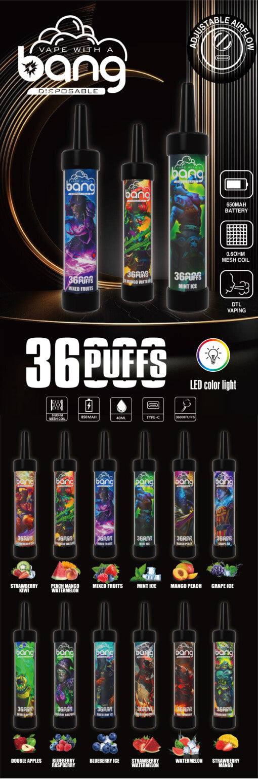 Bang 36000 Puffs Disposable Vape -650mAh Battery, 40ml E-liquid, Multiple Nicotine 12 Flavors