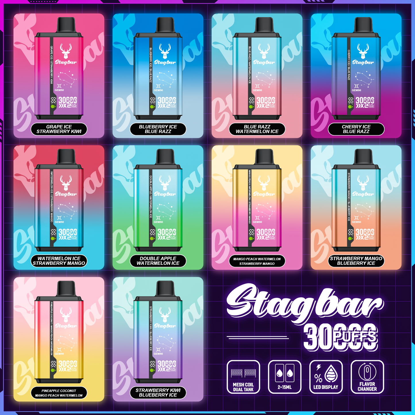 EU Warehouse Stag bar GEMINI 30000 Puffs Disposable Vape Wholesale-750mAh battery, 15ml E-liquid, Multiple Nicotine 10 Flavors