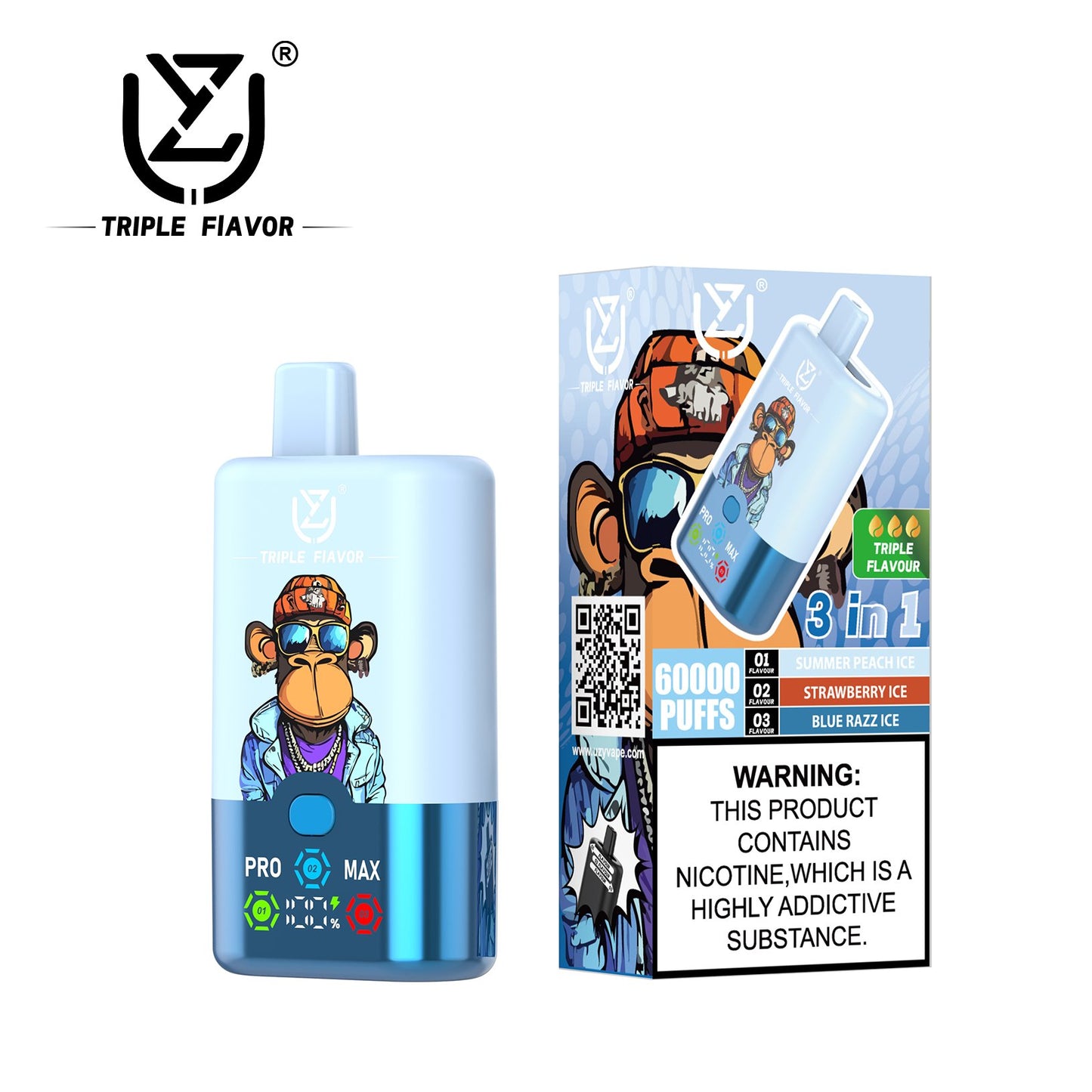 UZY Triple Flavor 60000 Puffs Vape 3 in 1 Disposable E Cigarette with Smart LED Display