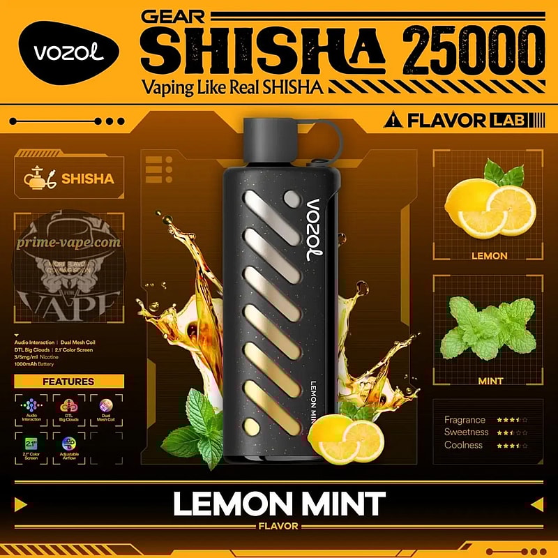 Vozol Gear Shisha 25K Puffs Disposable Vape|Dual Power Mode with Adjustable Airflow-1000mAh Battery, 25ml E-liquid, Multiple Nicotine 21 Flavors