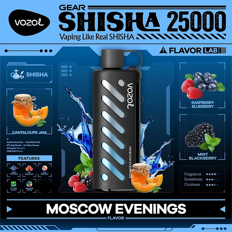 Vozol Gear Shisha 25K Puffs Disposable Vape|Dual Power Mode with Adjustable Airflow-1000mAh Battery, 25ml E-liquid, Multiple Nicotine 21 Flavors